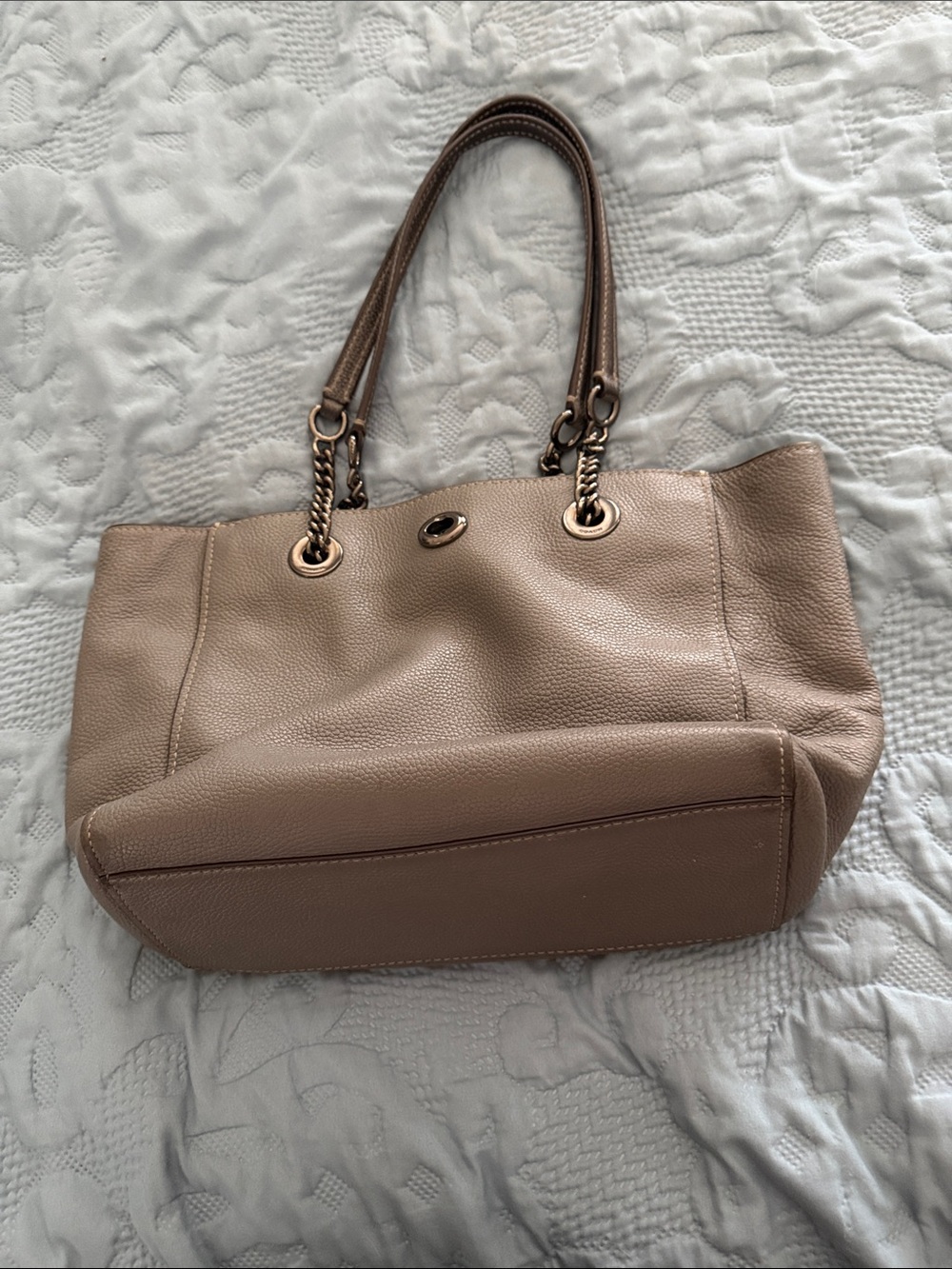 Grey Leather Tote Bag with Chain-Accent Handles